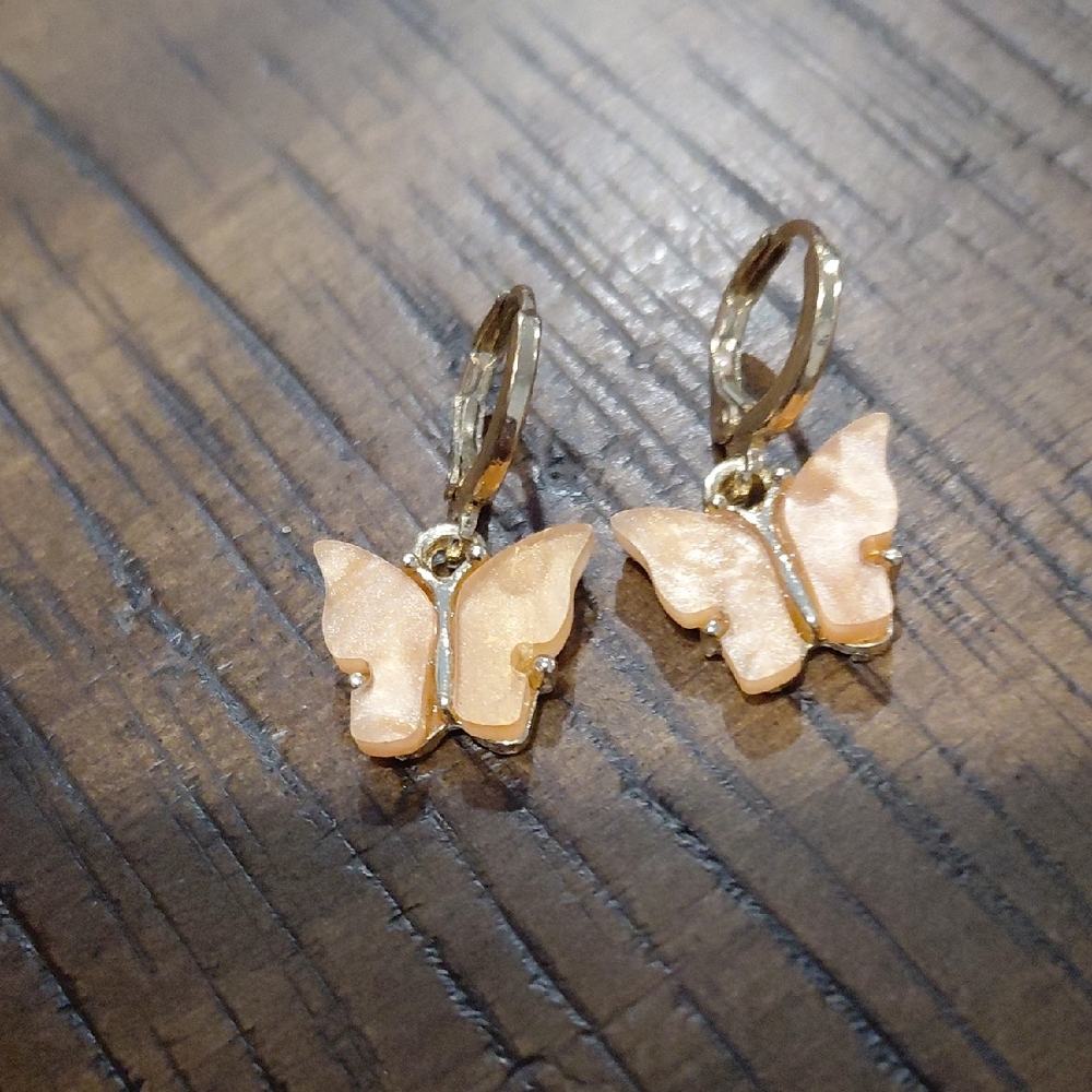 Gold Butterfly Drop Earrings with Peach Shell Inlay